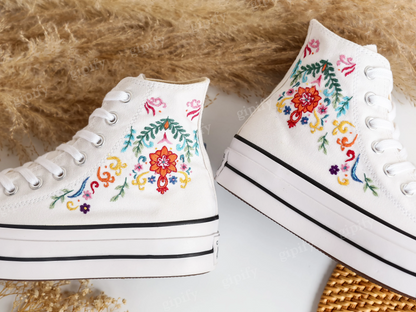 Custom Wedding Converse Platform, Wedding Flowers Embroidered Platform Shoes, Bridal Flowers Embroidered Sneakers Custom, Wedding Gifts