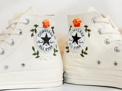 Custom Embroidered Wedding Converse Shoes, Fall Wedding Flower Embroidered Sneaker for Bride, Boho Flowers Embroidered Shoes, Wedding Gifts