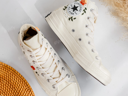 Custom Embroidered Wedding Converse Shoes, Fall Wedding Flower Embroidered Sneaker for Bride, Boho Flowers Embroidered Shoes, Wedding Gifts