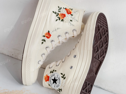 Custom Embroidered Wedding Converse Shoes, Fall Wedding Flower Embroidered Sneaker for Bride, Boho Flowers Embroidered Shoes, Wedding Gifts