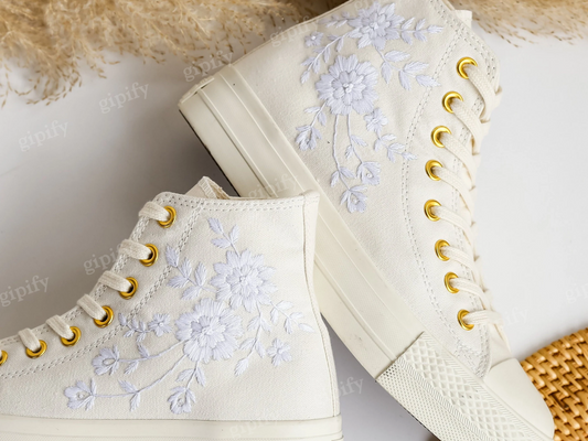 Embroidered Converse Platform, Custom Wedding Converse for Bride, Flower Embroidered Shoes, Bridal Flower Embroidered Sneaker, Wedding Gifts