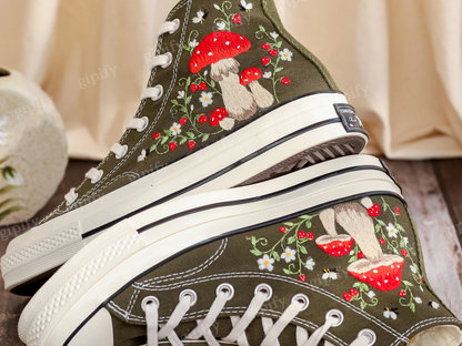 Mushrooms Embroidered Converse High Tops Custom, Strawberry, Mushrooms Embroidered Shoes, Sneakers Embroidery Mushroom, Strawberry for Women