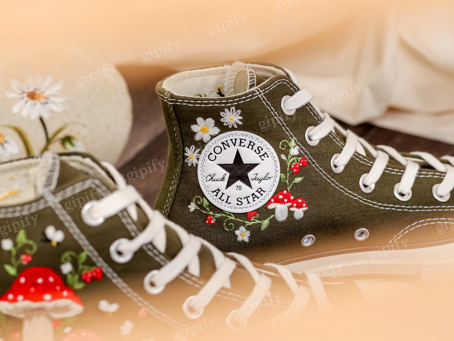 Mushrooms Embroidered Converse High Tops Custom, Strawberry, Mushrooms Embroidered Shoes, Sneakers Embroidery Mushroom, Strawberry for Women