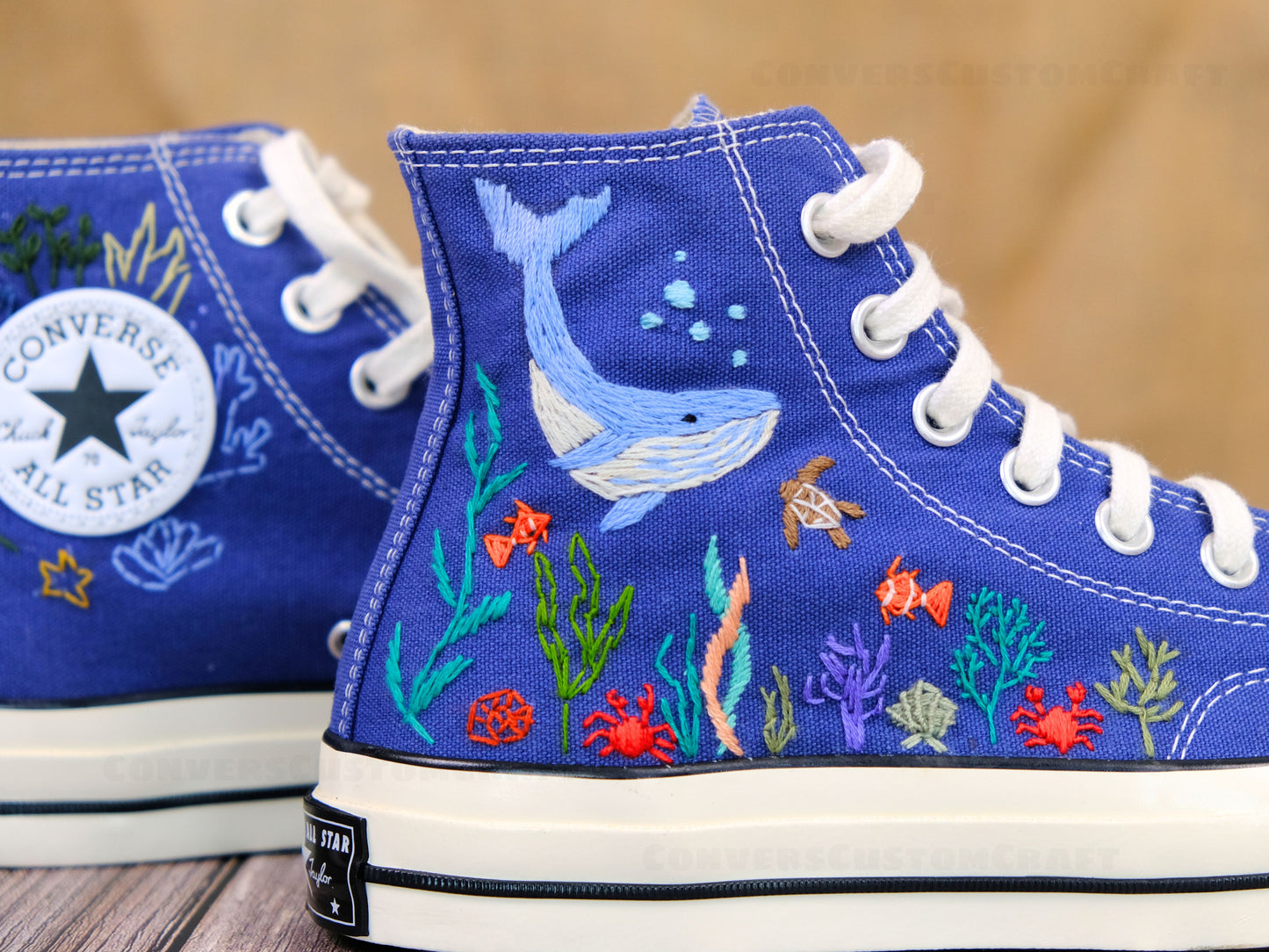 Custom Embroidered Converse High Tops/Custom Converse Chuck Taylor 1970s Shark Embroidered/ Ocean Vibes Embroidered/Birthday gift C213LT