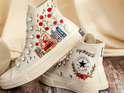 Custom Embroidered Converse Chuck Taylor All Star Shoes, Cat and Flower, 1989 Embroidered Sneaker, Flower Embroidery Shoes, Handmade Gifts