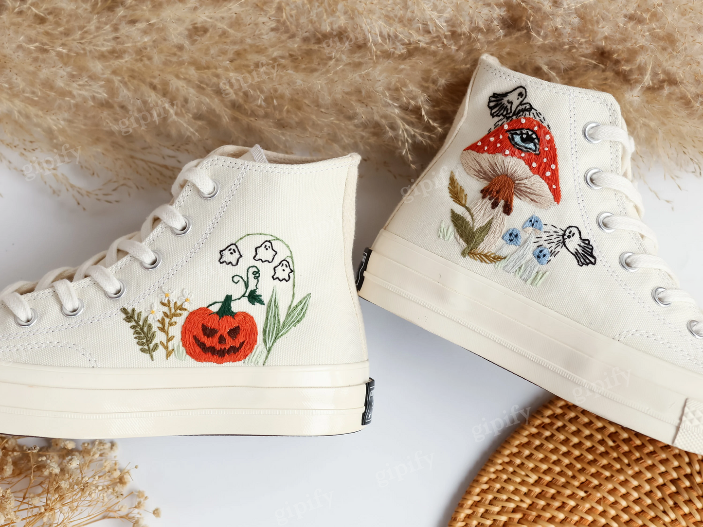 Evil Eye Embroidered Converse Custom, Ghosts and Mushrooms Evil Eye Embroidered Shoes Custom, Sneaker Embroidery Mushrooms Evil Eye, Pumpkin